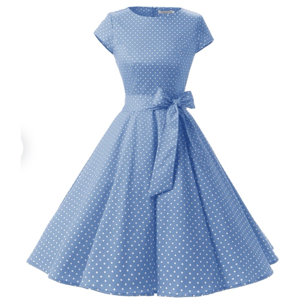 (NWOT) DRESSYSTAR • Blue/White Polka Dot Vintage-Inspired Cap Sleeve Dress, M - Picture 2 of 16